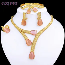 Dubai Gold Color Jewelry Set For Women Fashion 18K Gold Plated Pink Opal Jewelry Necklace Earring Ring Bracelet Set Daily Wear 240125