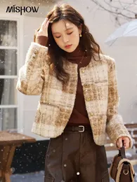 Mishow feminino xadrez casaco curto outono inverno moda casual tripulação pescoço colheita jaqueta único breasted outerwear topo mxc55w0144 240123