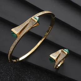 Luxury 2PCS Dubai Candy Colors Bangle Ring Sets For Women Wedding Cubic Zircon Gold Open Cuff Bngle Ring Bridal Jewelry S427 240125