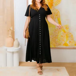 Kuclut Kobiety maxi sukienka plus size Summer Suma Elegancka, solidne, krótkie zjeżdżone guziki z pojedynczym piersi luźne sukienki na szyję 240202