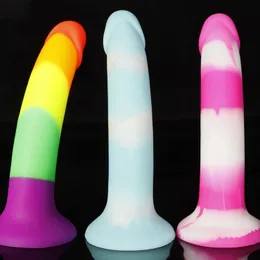 Menwomen bez jajk zakrzywiony prosty pręt Rainbow Color MultiColor Symulacja Dildo mocne ssanie miękka masturbacja Stick 240202