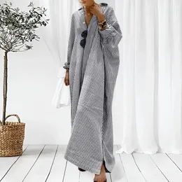 Roupas de verão para mulheres listras algodão linho camisa lapela vestido manga longa casual solto maxi vestidos plus size 240124