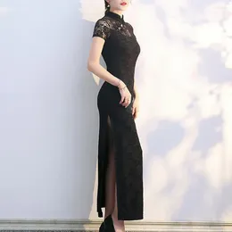 Roupas étnicas Elegante Vestido Chinês Vintage Lace Maxi com Stand Collar Side Split Feminino Clássico Qipao para