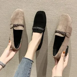 Autumn Winter Women Loafers Low Heels Boat Shoes Square Toe Dress Shoes Chain Faux Suede Plush Warm Ladies Shoes Plus Size 240123