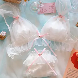 Bras set japansk mjuk tjej underkläderskolestudent lolita underkläder mesh ruffles rosa båge söt intim fairy bh och trosuppsättning