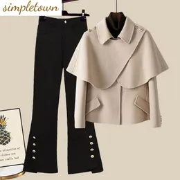 Coreano retro personalidade capa jaqueta blazer bellbottoms duas peças elegantes calças femininas terno escritório negócios tomadas 240202