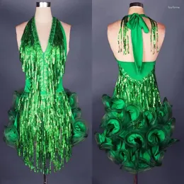 Palco desgaste vestido de dança latina verde traje profissional para mulheres franja samba colorido mulheres vestidos de competição de salão borlas