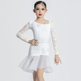 Sahne Giyim Beyaz Dantel Kollu Latin Dans Elbisesi Kızlar Samba Chacha Performans Dans Dans Kıyafetleri Çocuk Yarışması Dancw Elbiseler Sl9683