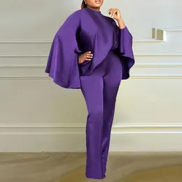 Calças femininas de duas peças Mulheres Faux Cetim Outfit Outono Festa Tops Robe Abaya Muçulmano Elegante Sólido Pescoço Bat Mangas Vestido