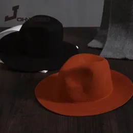 Retro Classic Felt Jazz Hat Fedora ile Big Brim Panama Kadın Erkekler Siyah Kırmızı Top Bayanlar Taklit Yün Kap 240130