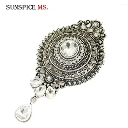 Broches Sunspice MS Retro Vintage Turco Mulheres Broche de Cristal Antigo Cor Prata Rodada Coroa Hijab Lapela Pins Casamento Banquete Jóias