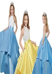 Modern Light Blue Yellow Girls Pageant Dresses with Pockets Satin Halter Neck Beaded Top Long Cheap Flower Girls First Communion D2622432