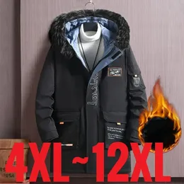 크기의 큰 의류 남자 겨울 재킷 후드 양털 따뜻한 긴 패딩 파카 수컷 모피 칼라 코트 150kg L + 겉옷 12xL 240131