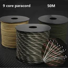 50m 650 군용 Paracord 9 Strand 4mm 전술 낙하산 코드 캠핑 액세서리 DIY 직조 로프 야외 생존 장비 240126