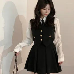 Conjuntos de roupas outono estilo colegial colete camisa de duas peças conjunto mulheres coreia jk uniforme saia curta menina graciosa escola