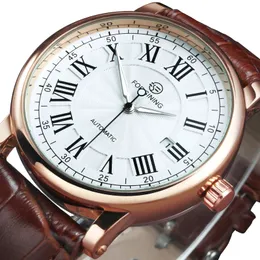 Forsining Classic Retro Automatic Mens Watch Rose Gold Case Calendar Luxury Brown Leather Belt Business Watches 240202