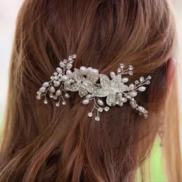 Grampos de cabelo cor prata pentes de noiva pérolas simuladas flor cristal artesanal enfeites de casamento headpiece mulheres bandas