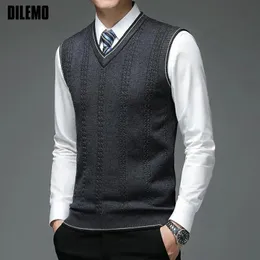 Autum Fashion Brand Solid 6 Wool Pullover Sweater V Neck Knit Vest Men Trendy Sleeveless Casual Top Quality Men Clothing 240125