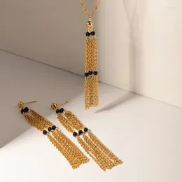 Dangle Earrings Minar Dainty Black Color Natural Stone Long Chain Tassel for Women Stainless Steel Gold PVDメッキジュエリー