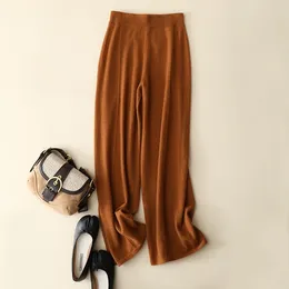 Women's Pants Naizaiga 100 Cashmere Solid Beige Brown Caramel Colour High Waist Wide Leg Loose Slim Straight KSN113