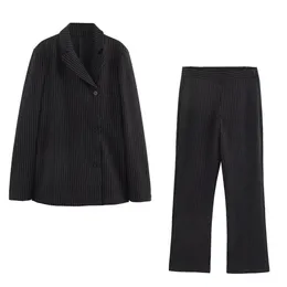 Taop Za Prodotto per l'inizio della primavera Moda donna doppio petto Cappotto da completo a righe sottili Pantaloni slim a vita alta Set 240127