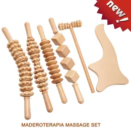Conjunto de massagem terapêutica de madeira maderoterapia rolo massageador anti celulite emagrecimento gua sha para corpo costas pé masajeador 240118