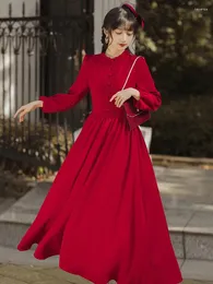 Sıradan Elbiseler Vintage Puff Sleve Retro Büyük Salıncak Mizaç Yüksek Belli Bordo Kırmızı Midi Uzun Elbise Kadınlar Robe Longue Femme