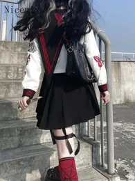 Nicemix feminino preppy jk terno genuíno japonês escuro jk uniforme camisa preta saia plissada punk menina bordado marinheiro 2 peças 240122
