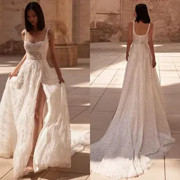 Milla Nova A Line Wedding Dress Straps Pearls Country Boho Wedding Dresses Beading Backless Ruffle Vestidos de Novia Split Luxury Designer Bridal Gowns