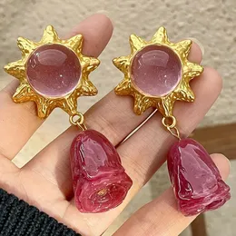 Fashion Jewelry Baroque Retro Vintage Ice Grain Pink Crystal Sunflower Earring Rose Pendant Flower Resin Drop Earrings