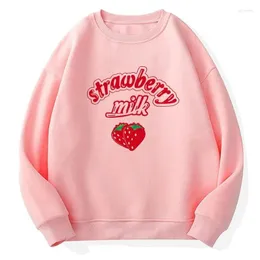 Kvinnors hoodies glada ganska hajuku kawaii jordgubbsbrev fleece tröja kvinnor kpop chic söt rosa tröjor flickor topp