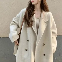 Primavera outono jaqueta espessada à prova de vento quente feminino trespassado trench coat com bolsos de lapela mangas compridas comprimento médio 240202