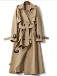 Outono feminino longo sólido trench coat clássico duplo breasted lapela casaco jaqueta com cinto feminino clássico 240202