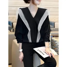 Fashion V-Neck Spliced Folds Ruffles Blouses Womens Clothing Autumn Winter Loose Office Lady Pullovers Casual Shirts 240202