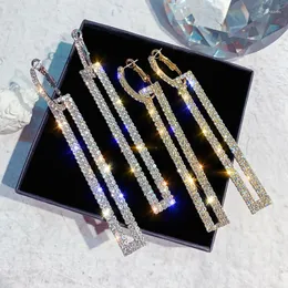 Brincos pendurados exknl moda longa gota geométrica luxo ouro prata cor retângulo strass brinco para mulheres festa jóias presente