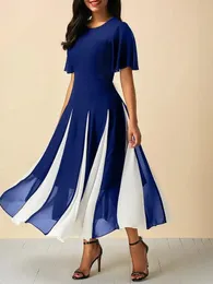 Suknia damska Plus size szyfonowy patchwork krótkie rękawowe swobodne tunikowe sukienka Midi Elegancka A-line plisowana impreza letnia sukienka 240126
