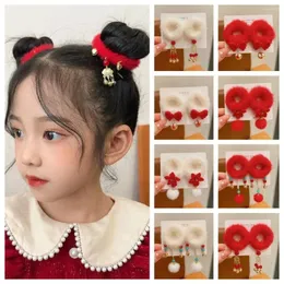 Hårtillbehör 1Pair Red Bow Children Rope Hairball Tang Suit kinesiska årets huvudbonad Tassel Hanfu