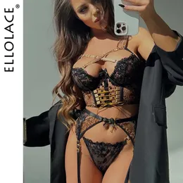 Ellolace Delice Leopard Lingerie Cross Bra Kitプッシュアップアンダーウェア4ピースフェチファンシーラグジュアリーレースエキゾチックセット240202