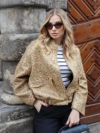 HH TRAF Autumn Sequins Golden Loose Jacket for Women Sparkle Long Sleeve Casual Bomber Jacket with Pockets Female Fashion Coats 240125