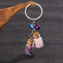 Keychains 12pcs Natural Gravel Seven Chakras Stone Drifting Bottle Keychain Amethyst Pink Crystal Wishing Keyring