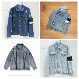 designer denim jacket high-quality stone jackets heavy-duty perforated, detachable shoulder badge hooded denim work blazer neutral casual island fashion top waist