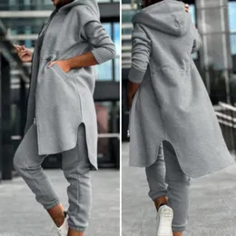 Running Sets Women's Sweatpants 2024 Autumn/winter Fashion Zipper Design Longline Hooded Coat & Casual Cuffed Pants Two Piece Suit