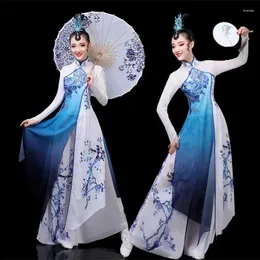 Bühnenkleidung Traditionelle chinesische Vintage Hanfu Frauen Blumendruck Qipao Kleid Alter Volkstanz Streetwear Performance