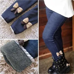 Calças outono inverno crianças calças doces meninas grosso quente denim azul e preto arco inferior leggings bebê menina crianças