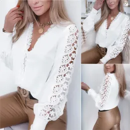 Kvinnor Autumn Fashion White Long Sleeved Vneck Lace Splice Shirt Elegant Women Hollow Out Loose Office Blusas de Encaje 240130