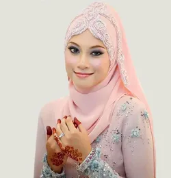 Senaste mode 2015 Bridal Veils Chiffon Rhinestones Beaded Muslim Islamic Bridal Voile de Mariee Arabic Wedding Veils7877369