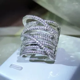 Anelli a grappolo esagerato femminile in argento sterling 925 impilabile croce intarsiata con zircone completo per le donne anelli di gioielli da sposa