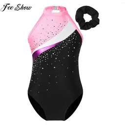 Palco desgaste meninas ballet dança figura patinação ginástica collants sem mangas brilhante strass bodysuit com faixa de cabelo desempenho dancewear