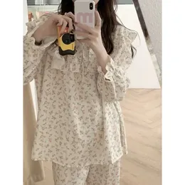 Women Korean Pants Pajama Floral Ruffles Fashion Long Pieces 2 Sleeve for Sleepwear Suit Sets Piiama Autumn Print 240201