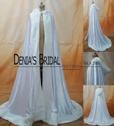 2016 Winter Wedding Cloak Cape Custom Made Hooded med faux pälstrim länge för brud satinjacka 0071344256